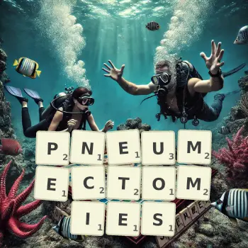 Illustration créative d'un jeu de lettres avec le mot PNEUMECTOMIES épelé sur le plateau.