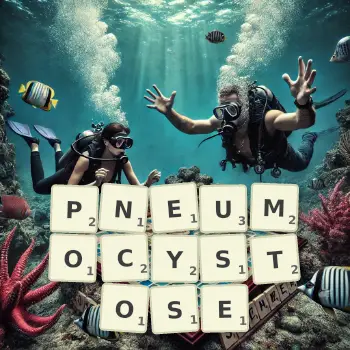 Illustration créative d'un jeu de lettres avec le mot PNEUMOCYSTOSE épelé sur le plateau.