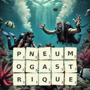 Illustration créative d'un jeu de lettres avec le mot PNEUMOGASTRIQUE épelé sur le plateau.