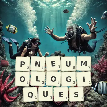 Illustration créative d'un jeu de lettres avec le mot PNEUMOLOGIQUES épelé sur le plateau.