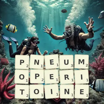 Illustration créative d'un jeu de lettres avec le mot PNEUMOPERITOINE épelé sur le plateau.