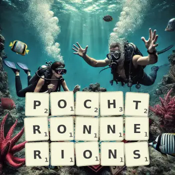 Illustration créative d'un jeu de lettres avec le mot POCHTRONNERIONS épelé sur le plateau.
