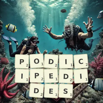 Illustration créative d'un jeu de lettres avec le mot PODICIPEDIDES épelé sur le plateau.
