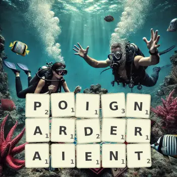 Illustration créative d'un jeu de lettres avec le mot POIGNARDERAIENT épelé sur le plateau.