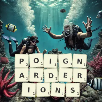 Illustration créative d'un jeu de lettres avec le mot POIGNARDERIONS épelé sur le plateau.