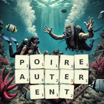 Illustration créative d'un jeu de lettres avec le mot POIREAUTERENT épelé sur le plateau.