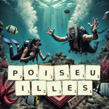 Illustration créative d'un jeu de lettres avec le mot POISEUILLES épelé sur le plateau.