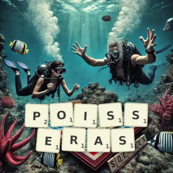 Illustration créative d'un jeu de lettres avec le mot POISSERAS épelé sur le plateau.