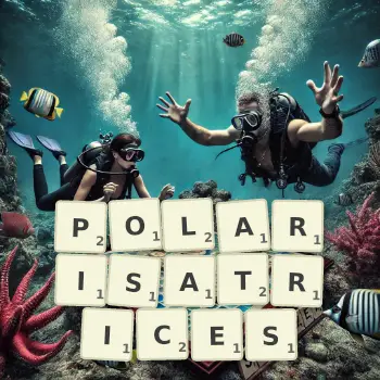 Illustration créative d'un jeu de lettres avec le mot POLARISATRICES épelé sur le plateau.