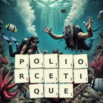 Illustration créative d'un jeu de lettres avec le mot POLIORCETIQUE épelé sur le plateau.