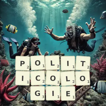 Illustration créative d'un jeu de lettres avec le mot POLITICOLOGIE épelé sur le plateau.