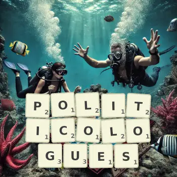 Illustration créative d'un jeu de lettres avec le mot POLITICOLOGUES épelé sur le plateau.