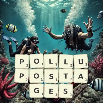 Illustration créative d'un jeu de lettres avec le mot POLLUPOSTAGES épelé sur le plateau.