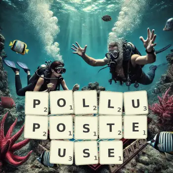 Illustration créative d'un jeu de lettres avec le mot POLLUPOSTEUSE épelé sur le plateau.