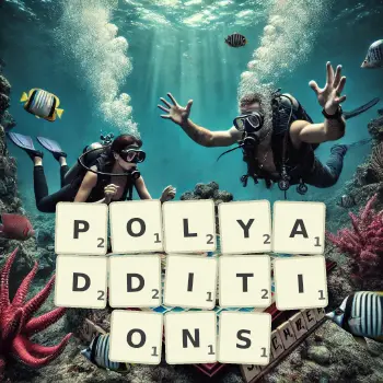 Illustration créative d'un jeu de lettres avec le mot POLYADDITIONS épelé sur le plateau.