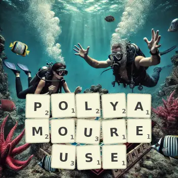 Illustration créative d'un jeu de lettres avec le mot POLYAMOUREUSE épelé sur le plateau.