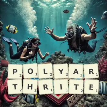 Illustration créative d'un jeu de lettres avec le mot POLYARTHRITE épelé sur le plateau.