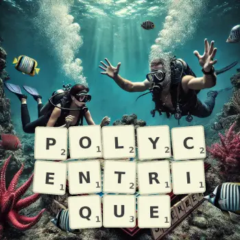 Illustration créative d'un jeu de lettres avec le mot POLYCENTRIQUE épelé sur le plateau.