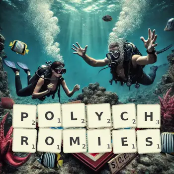 Illustration créative d'un jeu de lettres avec le mot POLYCHROMIES épelé sur le plateau.