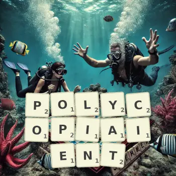 Illustration créative d'un jeu de lettres avec le mot POLYCOPIAIENT épelé sur le plateau.