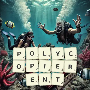Illustration créative d'un jeu de lettres avec le mot POLYCOPIERENT épelé sur le plateau.