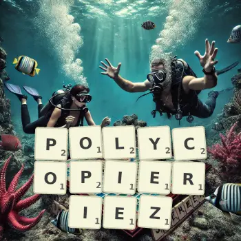 Illustration créative d'un jeu de lettres avec le mot POLYCOPIERIEZ épelé sur le plateau.