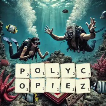 Illustration créative d'un jeu de lettres avec le mot POLYCOPIEZ épelé sur le plateau.
