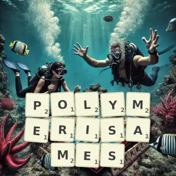 Illustration créative d'un jeu de lettres avec le mot POLYMERISAMES épelé sur le plateau.