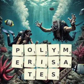 Illustration créative d'un jeu de lettres avec le mot POLYMERISATES épelé sur le plateau.