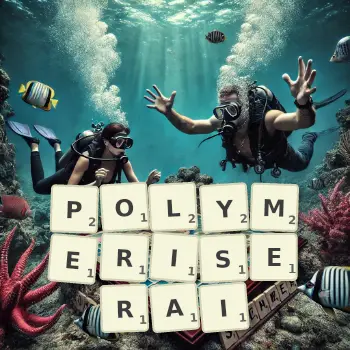 Illustration créative d'un jeu de lettres avec le mot POLYMERISERAI épelé sur le plateau.
