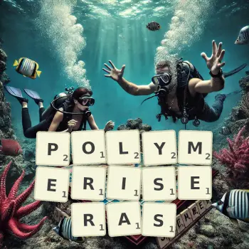 Illustration créative d'un jeu de lettres avec le mot POLYMERISERAS épelé sur le plateau.