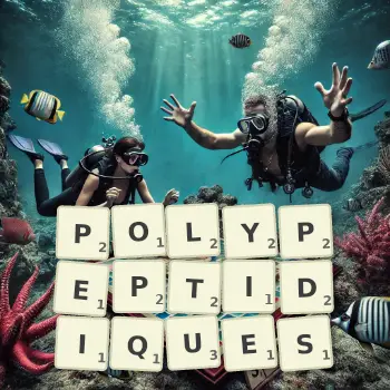 Illustration créative d'un jeu de lettres avec le mot POLYPEPTIDIQUES épelé sur le plateau.