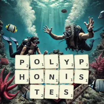 Illustration créative d'un jeu de lettres avec le mot POLYPHONISTES épelé sur le plateau.
