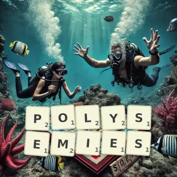 Illustration créative d'un jeu de lettres avec le mot POLYSEMIES épelé sur le plateau.