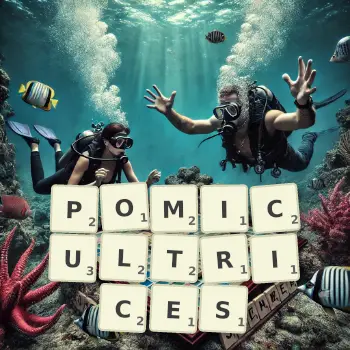 Illustration créative d'un jeu de lettres avec le mot POMICULTRICES épelé sur le plateau.