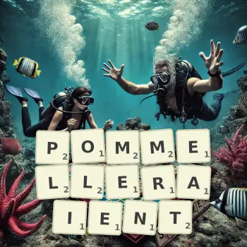 Illustration créative d'un jeu de lettres avec le mot POMMELLERAIENT épelé sur le plateau.