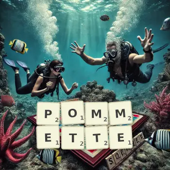 Illustration créative d'un jeu de lettres avec le mot POMMETTE épelé sur le plateau.