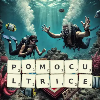 Illustration créative d'un jeu de lettres avec le mot POMOCULTRICE épelé sur le plateau.