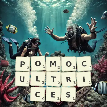 Illustration créative d'un jeu de lettres avec le mot POMOCULTRICES épelé sur le plateau.
