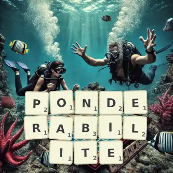 Illustration créative d'un jeu de lettres avec le mot PONDERABILITE épelé sur le plateau.