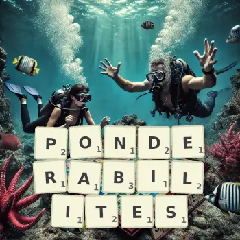 Illustration créative d'un jeu de lettres avec le mot PONDERABILITES épelé sur le plateau.