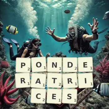 Illustration créative d'un jeu de lettres avec le mot PONDERATRICES épelé sur le plateau.