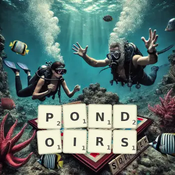 Illustration créative d'un jeu de lettres avec le mot PONDOIRS épelé sur le plateau.