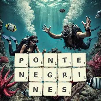 Illustration créative d'un jeu de lettres avec le mot PONTENEGRINES épelé sur le plateau.