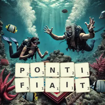 Illustration créative d'un jeu de lettres avec le mot PONTIFIAIT épelé sur le plateau.