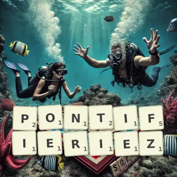 Illustration créative d'un jeu de lettres avec le mot PONTIFIERIEZ épelé sur le plateau.