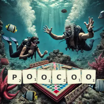 Illustration créative d'un jeu de lettres avec le mot POOCOO épelé sur le plateau.