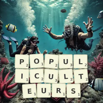 Illustration créative d'un jeu de lettres avec le mot POPULICULTEURS épelé sur le plateau.