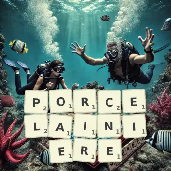 Illustration créative d'un jeu de lettres avec le mot PORCELAINIERE épelé sur le plateau.
