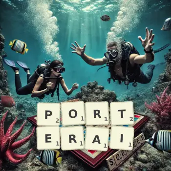Illustration créative d'un jeu de lettres avec le mot PORTERAI épelé sur le plateau.